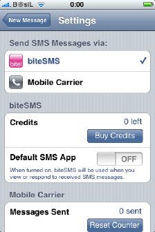 biteSMS iPhone settings