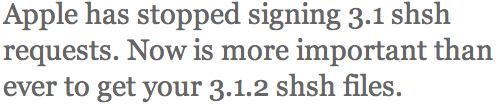 Apple has stopped signing v3.1 shsh requests