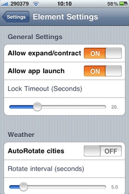 Element lock screen Cydget settings