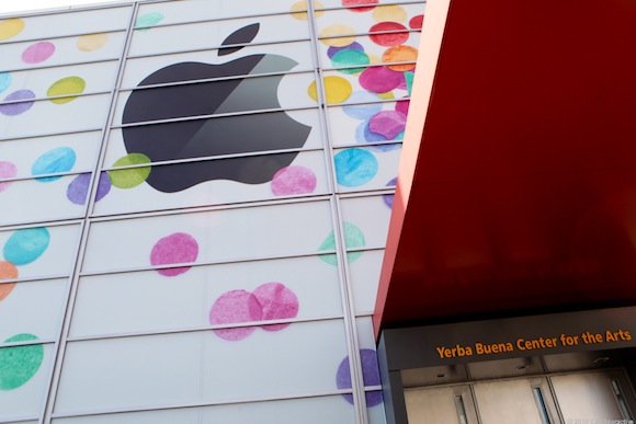 Colorful confetti-like dots cover the front of the Novell Theater along Howard Street in San Francisco
